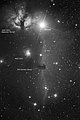 Końska Głowa, Mgławica Płomień i okolica,(monochromat z opisem). 2013.12.02-03. 23:18 - 00:51CSE. Reflektor Newtona 205/907+MPCC+Nikon D300, w ognisku głównym teleskopu. Exp.15x240sek. ISO1600. Doskonałe warunki pogodowe.