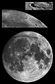 Ostatnio przeglądałem jeden z moich zeszytów obserwacyjnych i natknąłem się na sesję z 27 kwietnia 1991 roku. Wówczas to, z dostrzegalni na Świerzowej z Jackiem Adamikiem obserwowaliśmy intrygujący obiekt na Księżycu, który dość trudno było nam jednoznacznie zinterpretować. 25 godzin przed pełnią, w okolicach północnego bieguna Srebrnego Globu widoczna była idealnie czarna, owalna plama o długości ok. 20km. Przypominała kleks atramentu rozlany na jasną  powierzchnię Księżyca. W tamtym rejonie nie obserwowaliśmy żadnych cieni gór księżycowych. Widziałem ją jeszcze 18 stycznia 1992 roku. Ostatnio nadarzyła się okazja do zweryfikowania tego zapomnianego tematu. 12 grudnia faza Księżyca, (28 godzin przed pełnią) i libracja przypominały tą z kwietnia 1991 roku. Bez problemów zlokalizowałem charakterystyczny obiekt. Po dokładnej analizie wyników obserwacji, okazało się że czarnym kleksem są cienie od potężnego wału brzegowego krateru Hayn, o średnicy 87 km. Na składance górne zdjęcie przedstawia jego szczegółowy obraz, wykonany przez sondę Lunar Reconnaissance Orbiter.
Parametry: 2016.12.12. Reflektor Newtona 250/1520+N.D300+diafragma fi125mm. Cała tarcza 21:17CSE, exp.1/320sek., wykadrowany fragment 21:13CSE, exp.1/250sek.ISO200