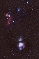 KOLEKCJA ORIONA. Przeglądając niebo natykamy się na miejsca gdzie w małych obszarach nagromadzona została cała kolekcja niezwykłych eksponatów. Jednym z takich obszarów jest fragment gwiazdozbioru Oriona nazwany Pasem i Mieczem. Dysponując lornetką, w Mieczu spotkamy rejon kosmicznej zawieruchy. To Wielka Mgławica Oriona M42,M43. Kosmiczny inkubator, wylęgarnia nowych słońc, olbrzymia chmura gazu i pyłu pobudzona do świecenia przez jonizujące promieniowanie gwiazd znajdujących się w jej wnętrzu. To ten wielki kleks w dolnej części kadru, odległy jest o 1400 lat świetlnych. Nad Wielką Mgławicą rezyduje  błękitny kompleks gazowo - pyłowy NGC1973-5-7, który jest powiązany z nią samą. Kolejne perły Kosmosu znajdują się w okolicy Pasa Oriona,(trzy jasne gwiazdy w górnej czści fotografii). Jest nim klasyczny zespół mgławicowy IC434,B33, (subtelny czerwony obłok w lewej, górnej częsi kadru). IC434 jest obiektem tła natomiast B33 to słynna Końska Głowa, ciemna mgławica przysłaniająca bardziej odległą IC434. Do kolekcji trzeba dołączyć jeszcze NGC2024 Mgławice Płomień,(pomarańczowy obiekt obok IC434,B33). To wielki obłok zjonizowanych atomów wodoru, emitujących światło dzięki promieniowaniu masywnej gwiazdy. Jest ona ukryta przed naszym wzrokiem w ciemnych głębinach mgławicy i zdradza swą obecność podczas obserwacji na teleskopach pracujących w podczerwieni. Ostatnim obiektem tego zbioru jest mgławica NGC2023, mała chmura o średnicy 4 lat świetlnych otaczający jasną gwiazdkę pod Mgławicą Płomień. Parametry:2013.03.04.18:40-20:07CSE.Sigma 4-5.6/70-300DGAPO,(195mm,f4.8) +Nikon D300.Exp.12x240sek.ISO1600, 2x90sek.ISO400, 3x60sek.ISO200. Beskid Niski, Jaśliski Park Krajobrazowy.